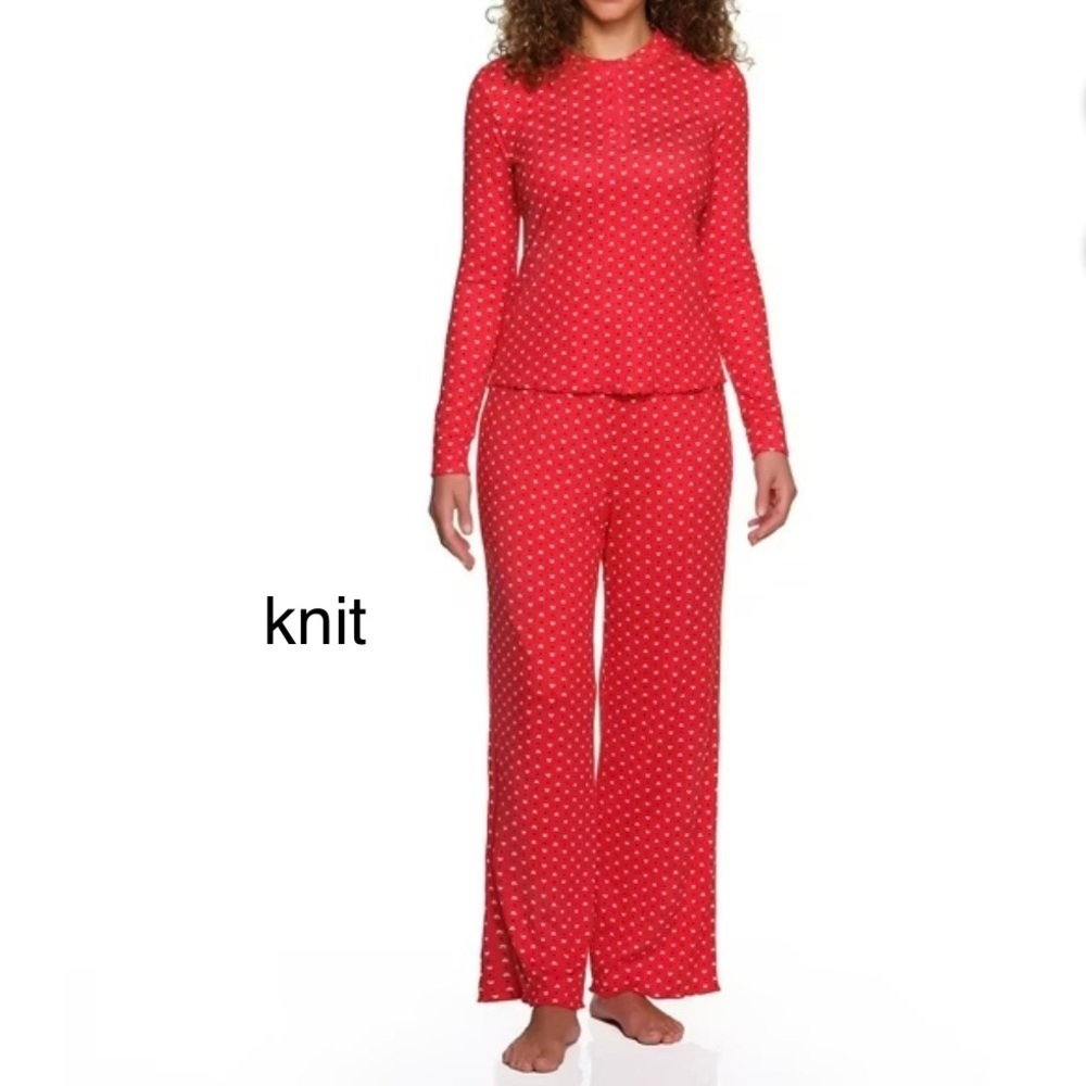 🤍LOFT Women’s Knit Henley Pajama Set Red with White Hearts, Elastic Waist - Picture 2 of 7